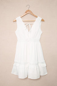 Udressshop White Lace Crochet Flounce V Neck Sleeveless Mini Dress