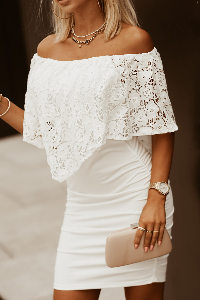 Udressshop White Lace Overlay Poncho Mini Dress