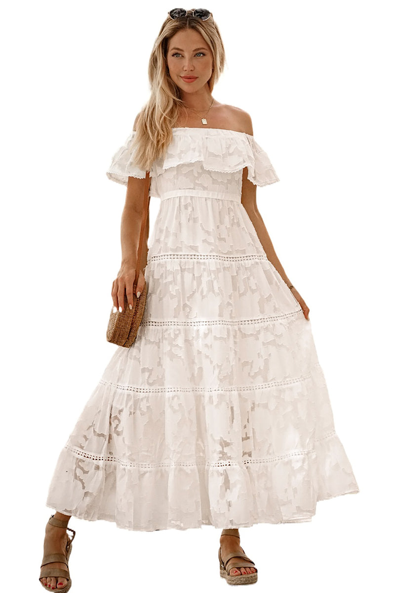 Udressshop White Off-the-shoulder Ruffled Lace Maxi Dress