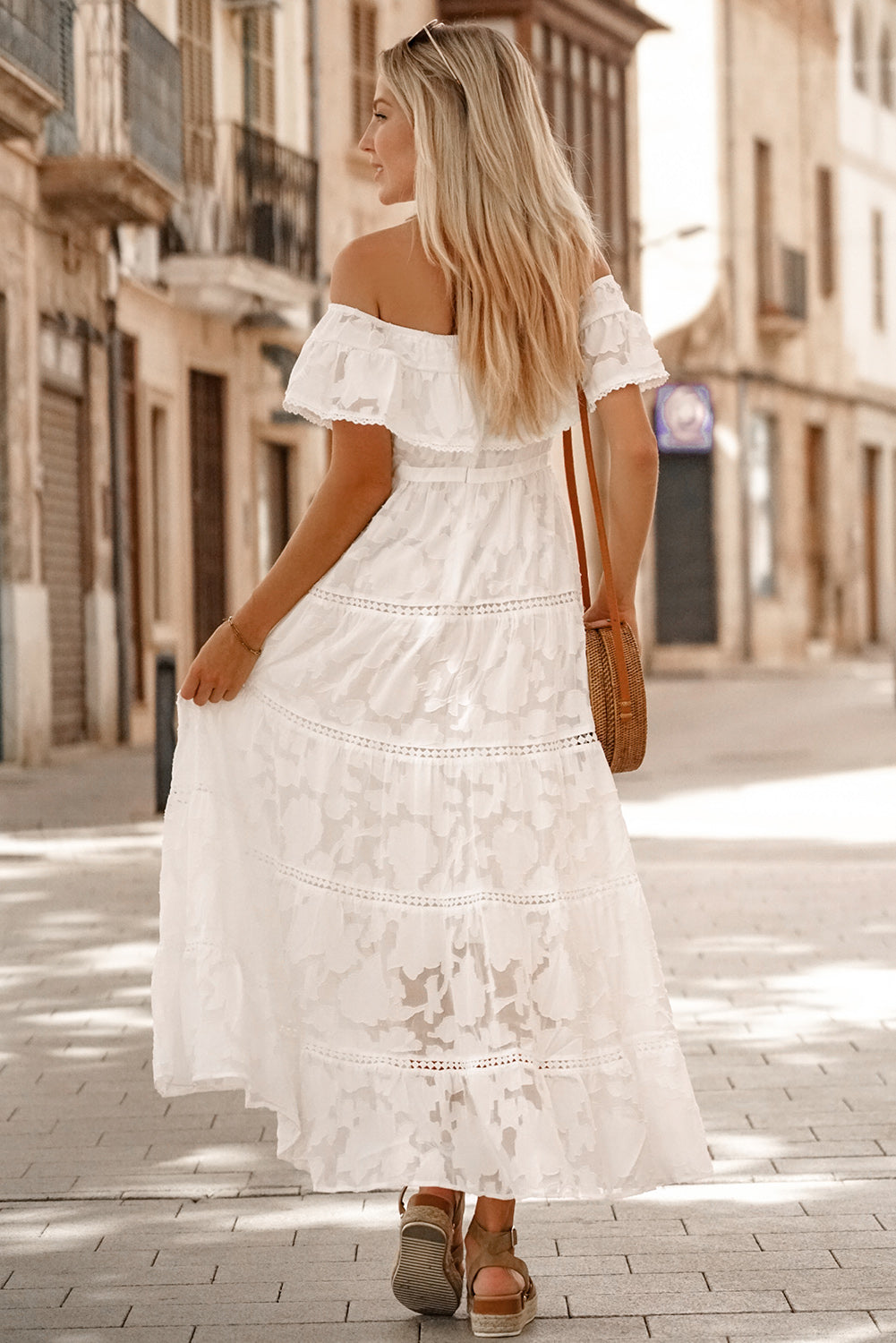 Udressshop White Off-the-shoulder Ruffled Lace Maxi Dress