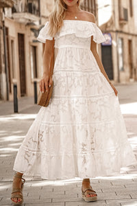 Udressshop White Off-the-shoulder Ruffled Lace Maxi Dress