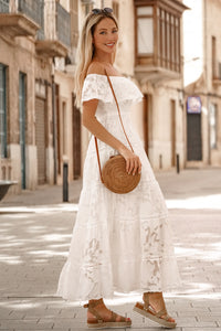 Udressshop White Off-the-shoulder Ruffled Lace Maxi Dress