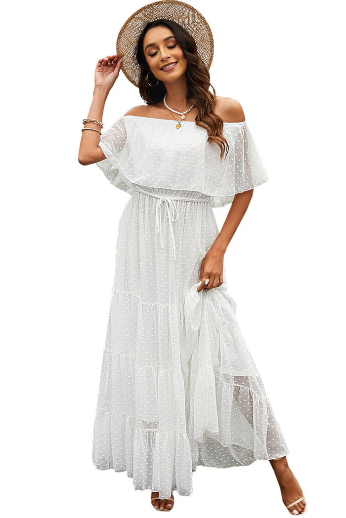 Udressshop White Off Shoulder Ruffle Swiss Dot Maxi Dress