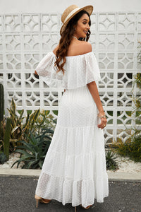 Udressshop White Off Shoulder Ruffle Swiss Dot Maxi Dress