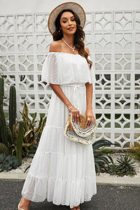 Udressshop White Off Shoulder Ruffle Swiss Dot Maxi Dress