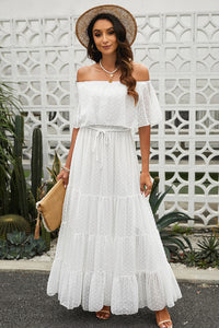 Udressshop White Off Shoulder Ruffle Swiss Dot Maxi Dress