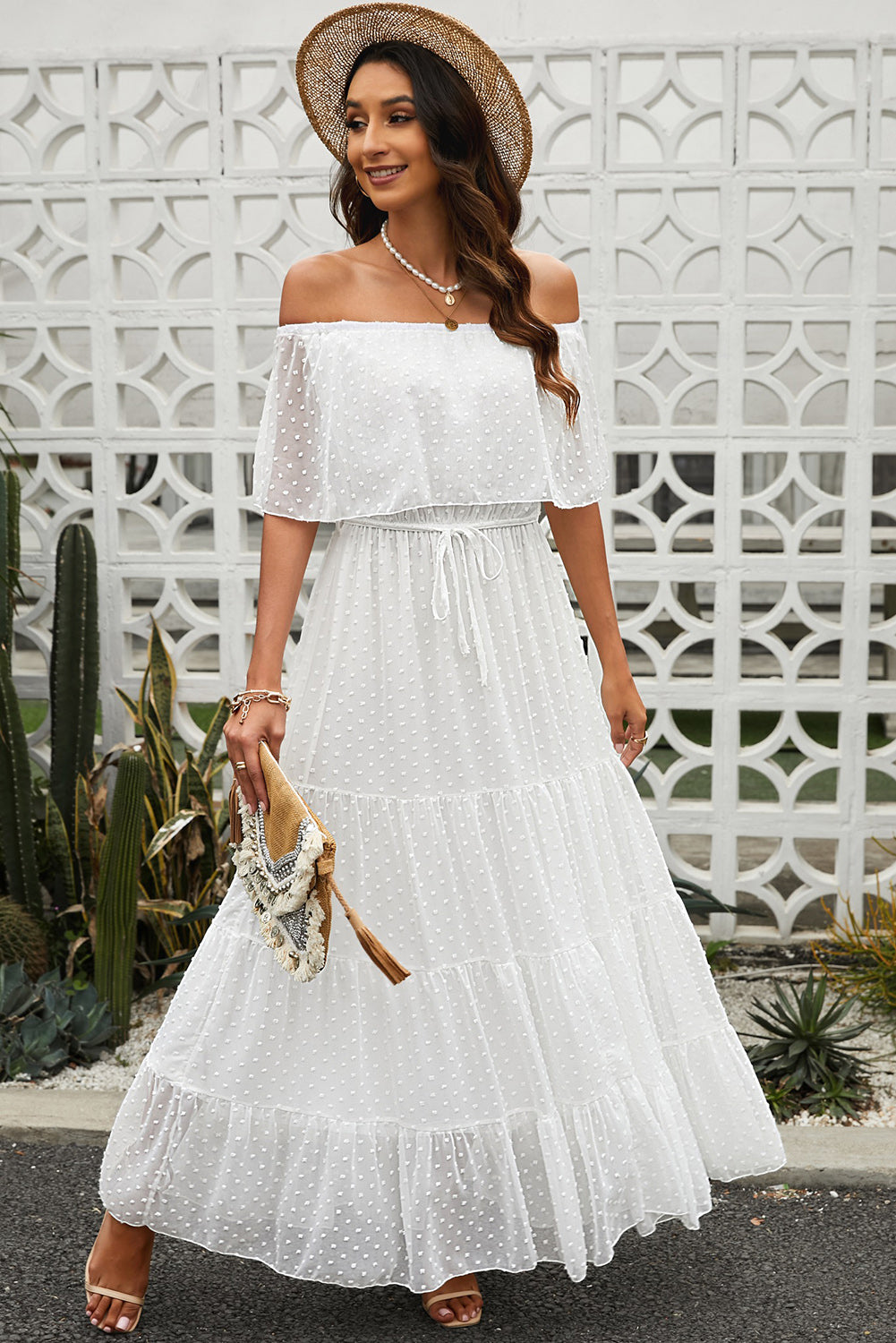 Udressshop White Off Shoulder Ruffle Swiss Dot Maxi Dress