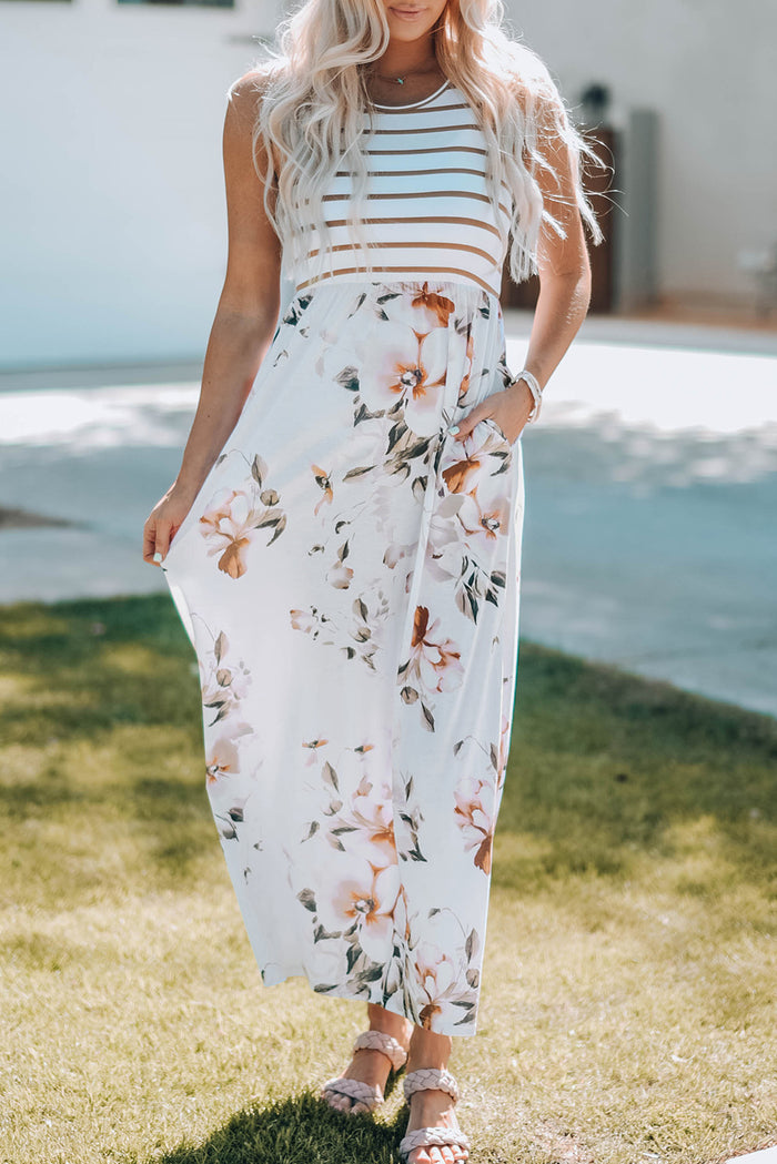 Udressshop White Striped Floral Print Sleeveless Maxi Dress with Pocket