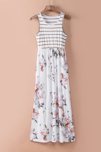 Udressshop White Striped Floral Print Sleeveless Maxi Dress with Pocket