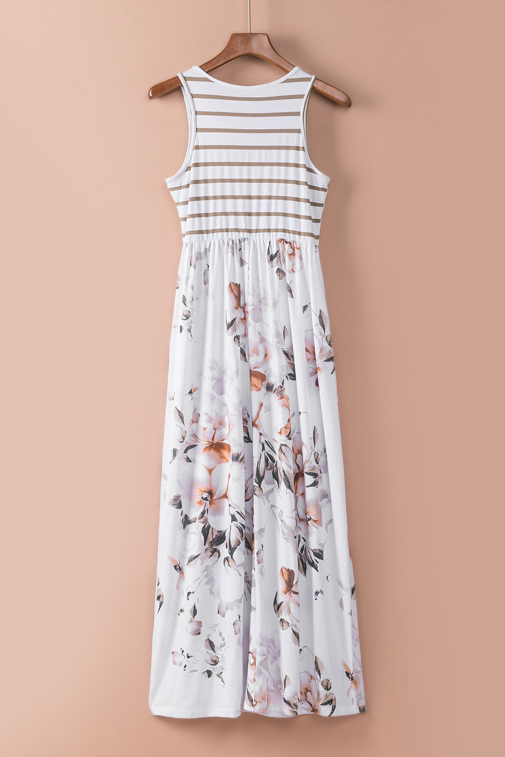 Udressshop White Striped Floral Print Sleeveless Maxi Dress with Pocket