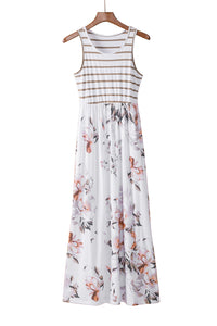 Udressshop White Striped Floral Print Sleeveless Maxi Dress with Pocket