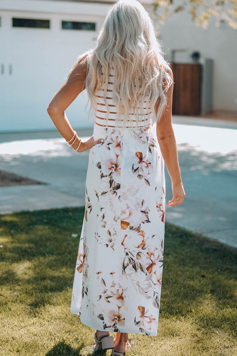 Udressshop White Striped Floral Print Sleeveless Maxi Dress with Pocket