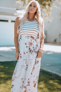 Udressshop White Striped Floral Print Sleeveless Maxi Dress with Pocket