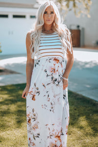 Udressshop White Striped Floral Print Sleeveless Maxi Dress with Pocket