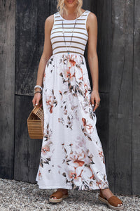 Udressshop White Striped Floral Print Sleeveless Maxi Dress with Pocket