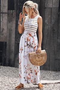 Udressshop White Striped Floral Print Sleeveless Maxi Dress with Pocket