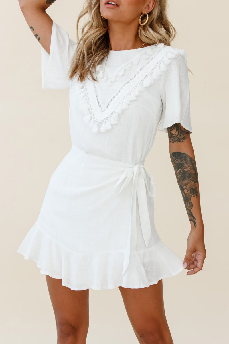 Udressshop White Tassel Bust Wrap Bottom Mini Dress