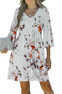 Udressshop White V Neck 3/4 Sleeve Floral Dress