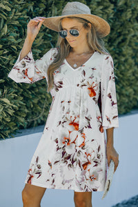 Udressshop White V Neck 3/4 Sleeve Floral Dress