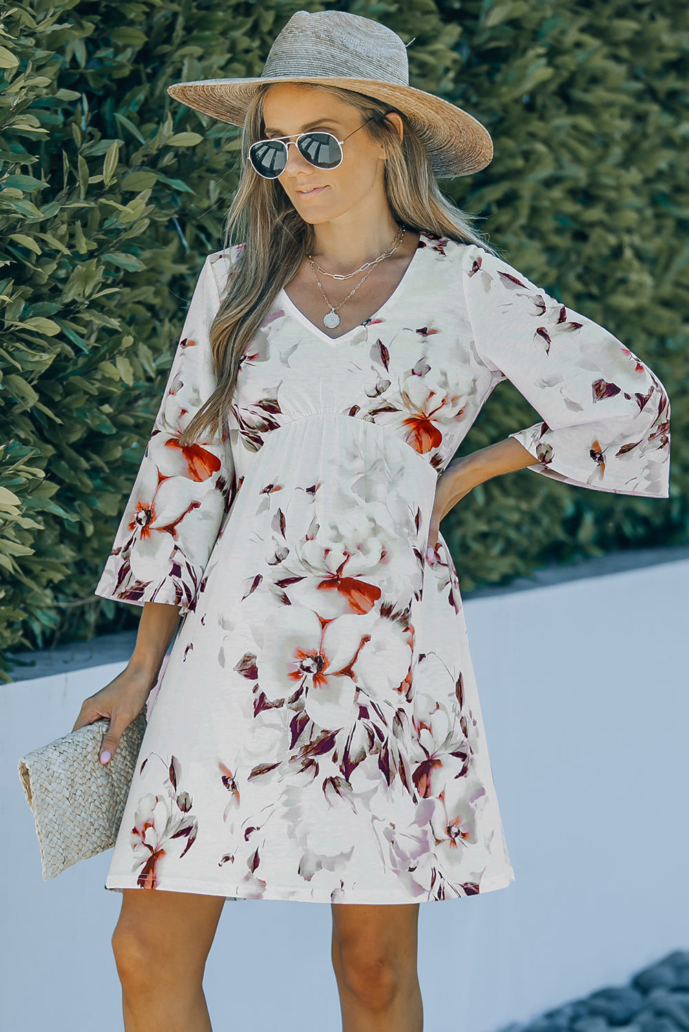 Udressshop White V Neck 3/4 Sleeve Floral Dress