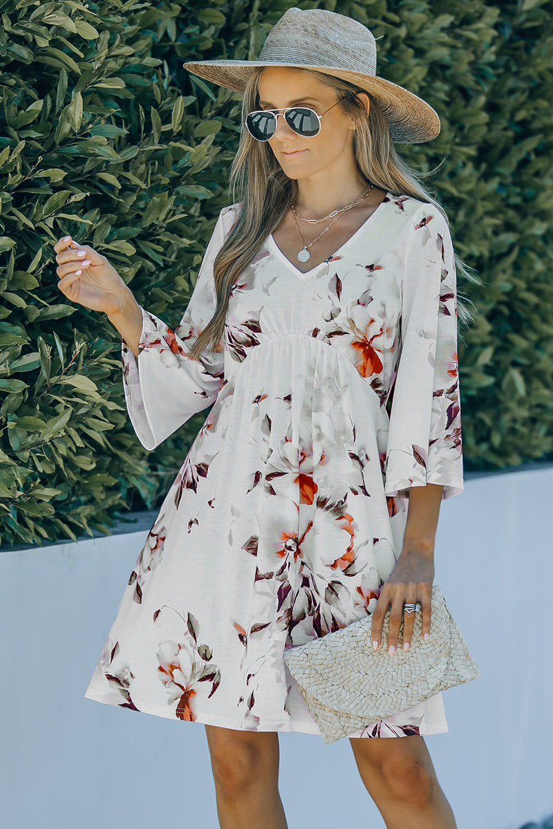 Udressshop White V Neck 3/4 Sleeve Floral Dress