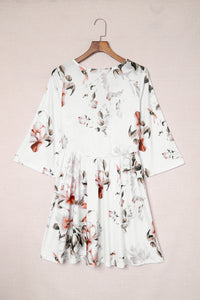 Udressshop White V Neck 3/4 Sleeve Floral Dress