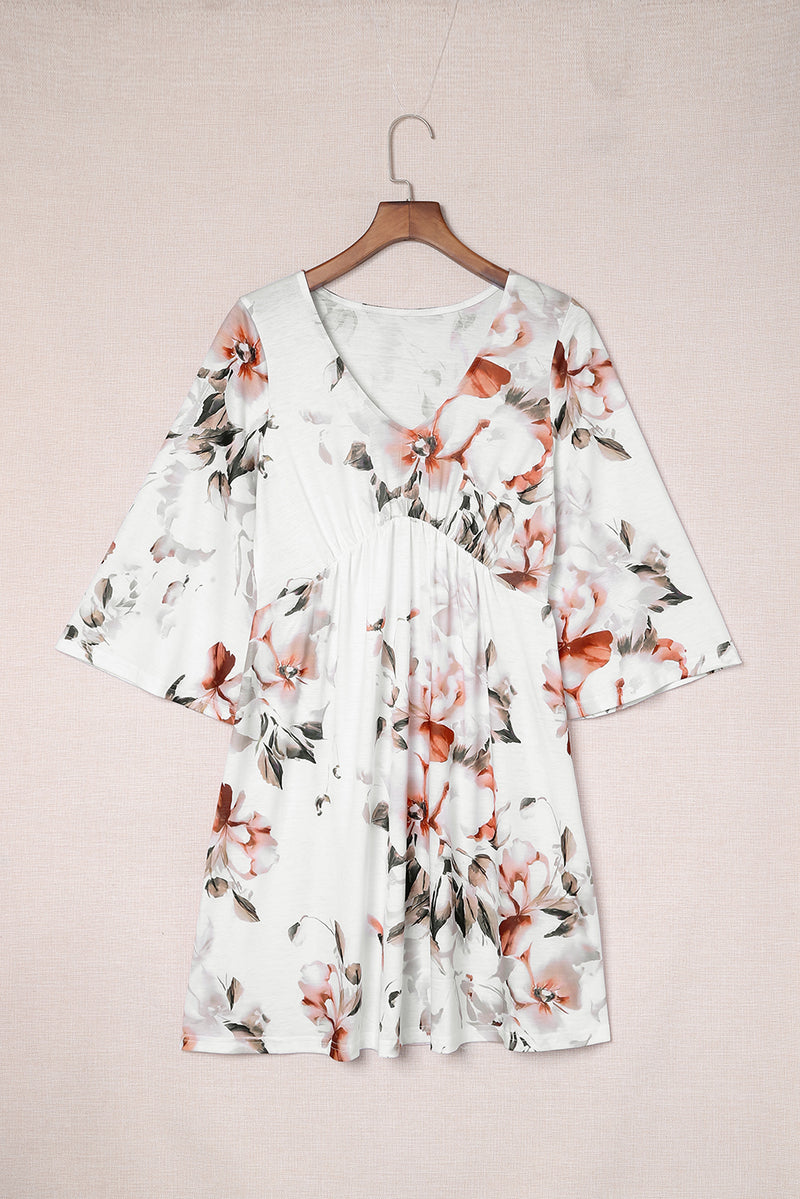 Udressshop White V Neck 3/4 Sleeve Floral Dress