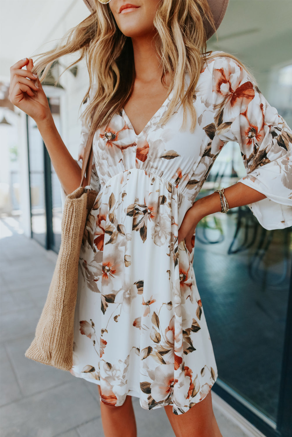 Udressshop White V Neck 3/4 Sleeve Floral Dress