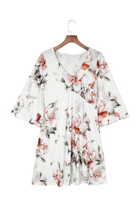 Udressshop White V Neck 3/4 Sleeve Floral Dress