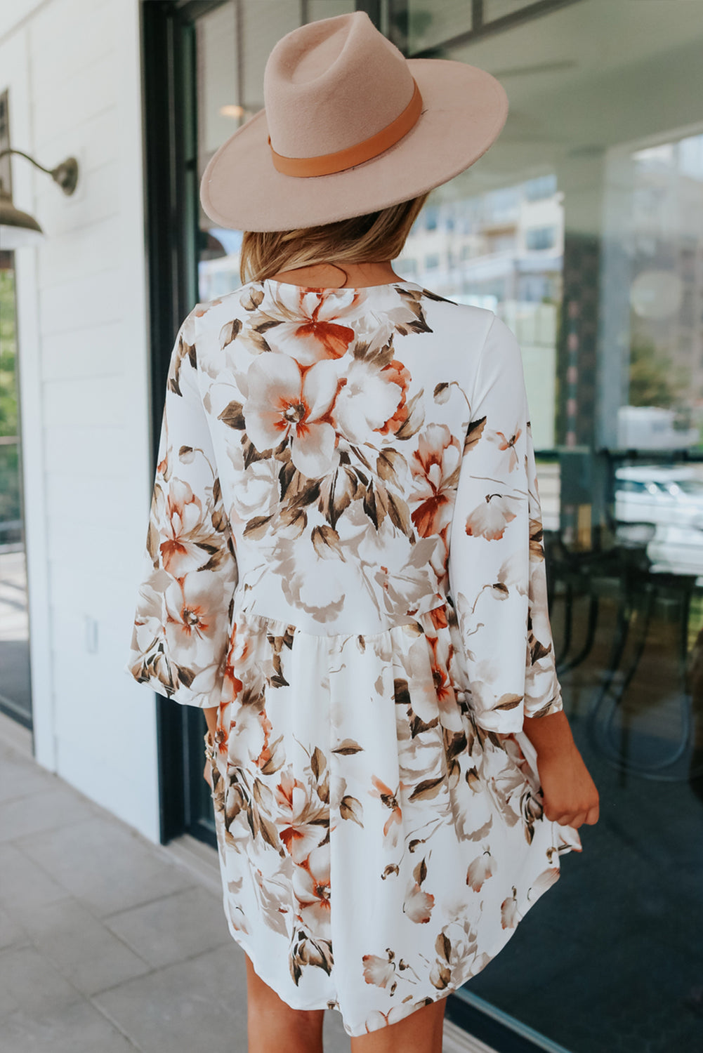 Udressshop White V Neck 3/4 Sleeve Floral Dress