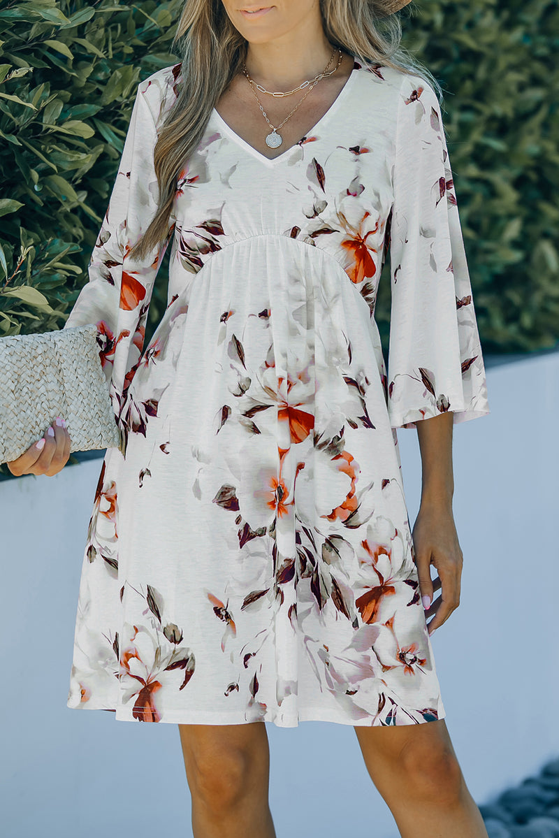 Udressshop White V Neck 3/4 Sleeve Floral Dress