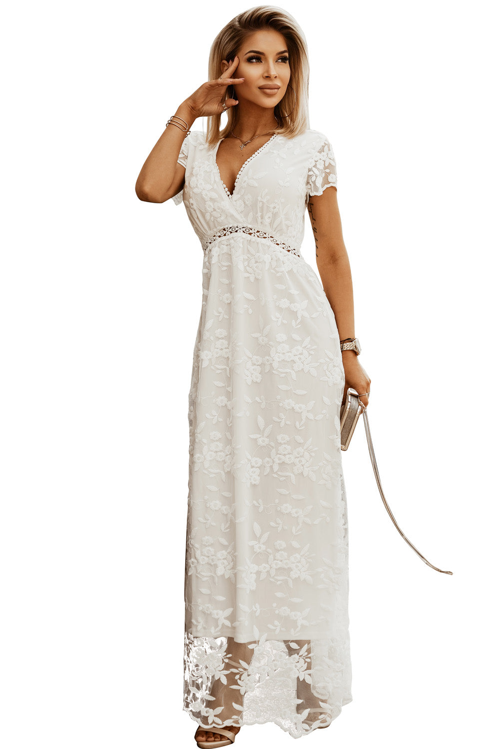 Udressshop White V Neck Lace Maxi Dress