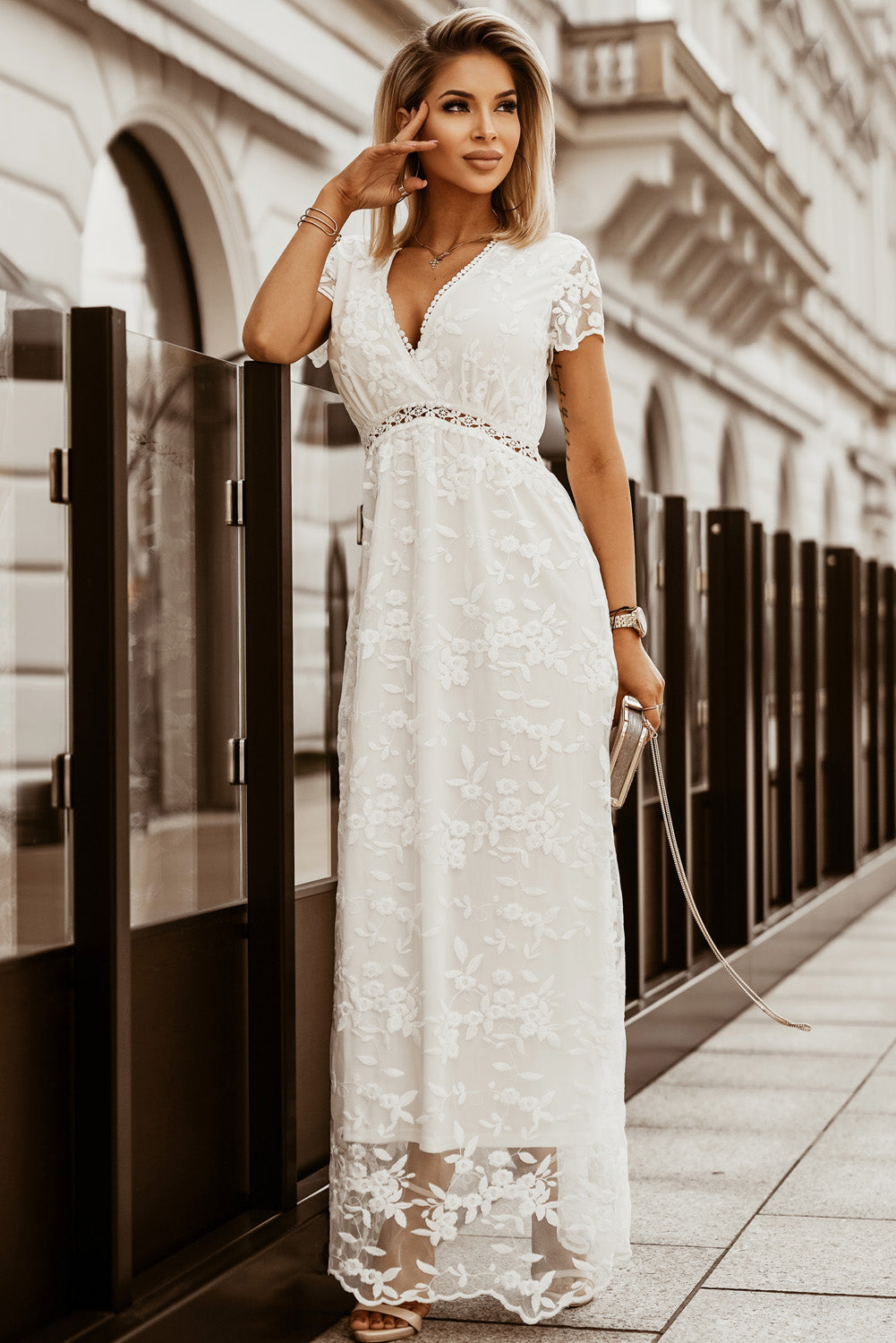 Udressshop White V Neck Lace Maxi Dress