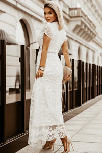 Udressshop White V Neck Lace Maxi Dress