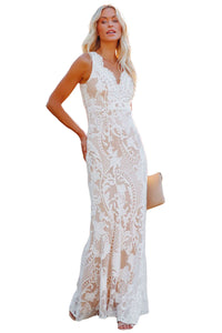 Udressshop White Zip Back Sleeveless Crochet Lace Prom Maxi Dress