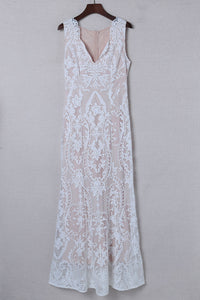 Udressshop White Zip Back Sleeveless Crochet Lace Prom Maxi Dress