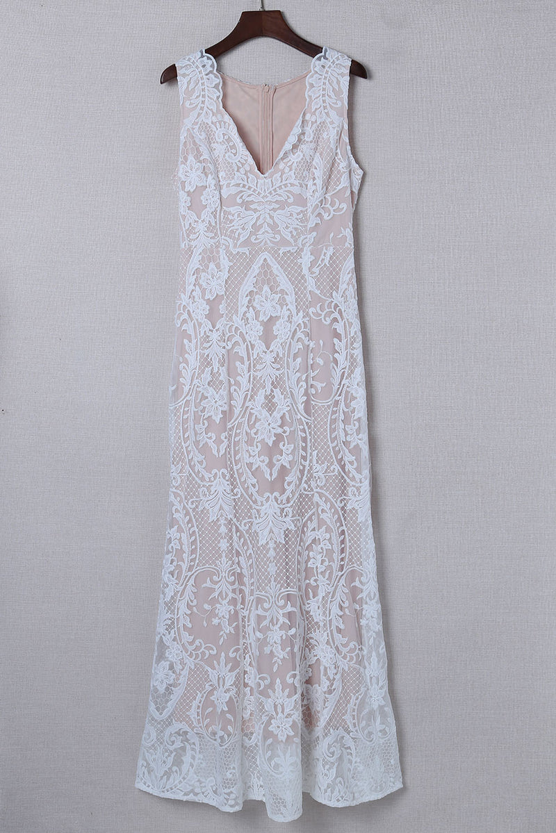 Udressshop White Zip Back Sleeveless Crochet Lace Prom Maxi Dress