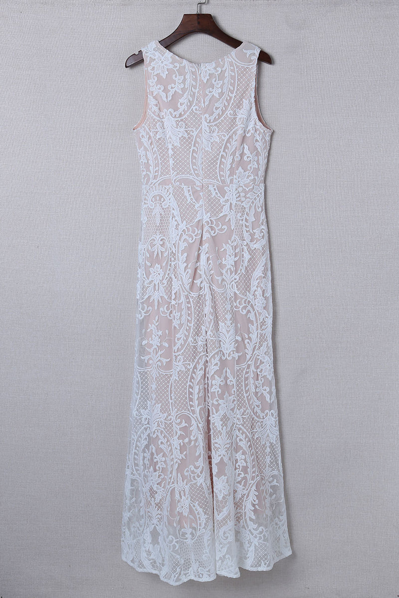 Udressshop White Zip Back Sleeveless Crochet Lace Prom Maxi Dress