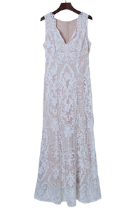 Udressshop White Zip Back Sleeveless Crochet Lace Prom Maxi Dress