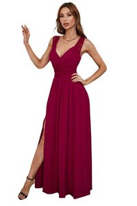 Udressshop Wine Red V Neck Zip Backless Lace Splicing Side Split Maxi Prom Evening Dress