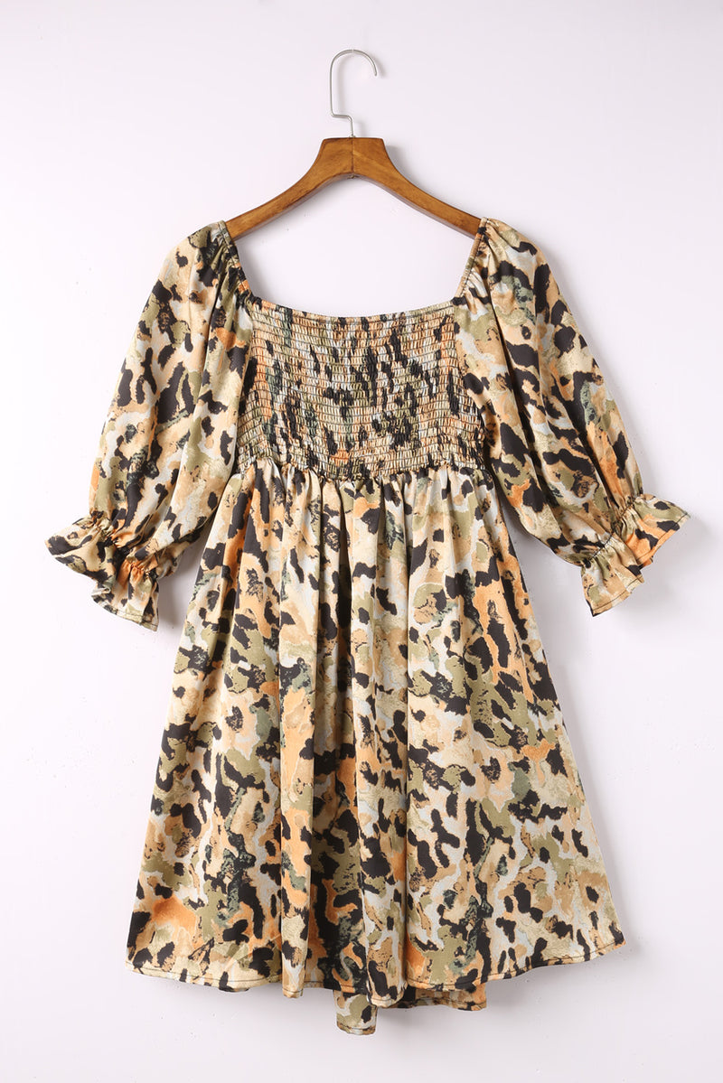 Women's Abstract Print Shirred Half Sleeve Square Neck off-shoulder Mini Dress