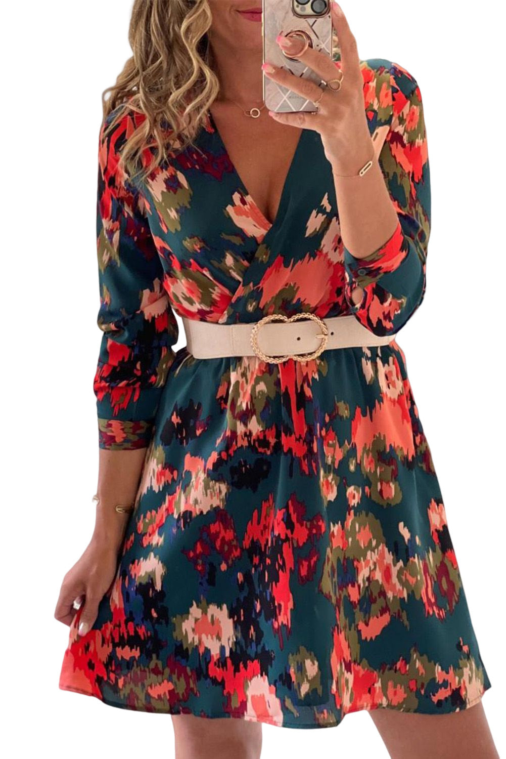 Women's Abstract Print Surplice V Neck Puff Sleeve A-line Dress