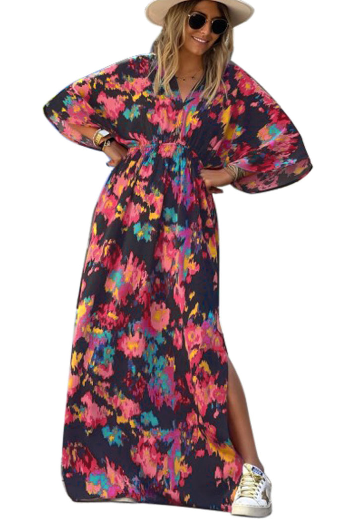 Women's Abstract Print V Neck Dolman Sleeve High Waist Maxi Dress Boho Styles