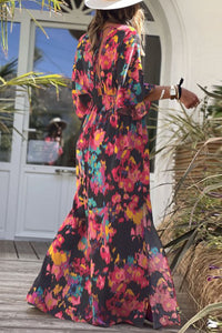 Women's Abstract Print V Neck Dolman Sleeve High Waist Maxi Dress Boho Styles