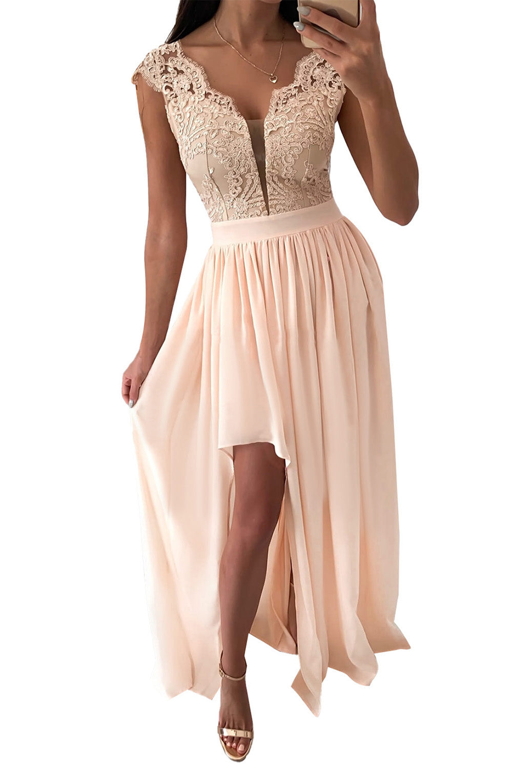 Women's Apricot Lace Crochet High Waist Maxi Dress with Side Split