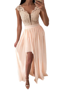 Women's Apricot Lace Crochet High Waist Maxi Dress with Side Split