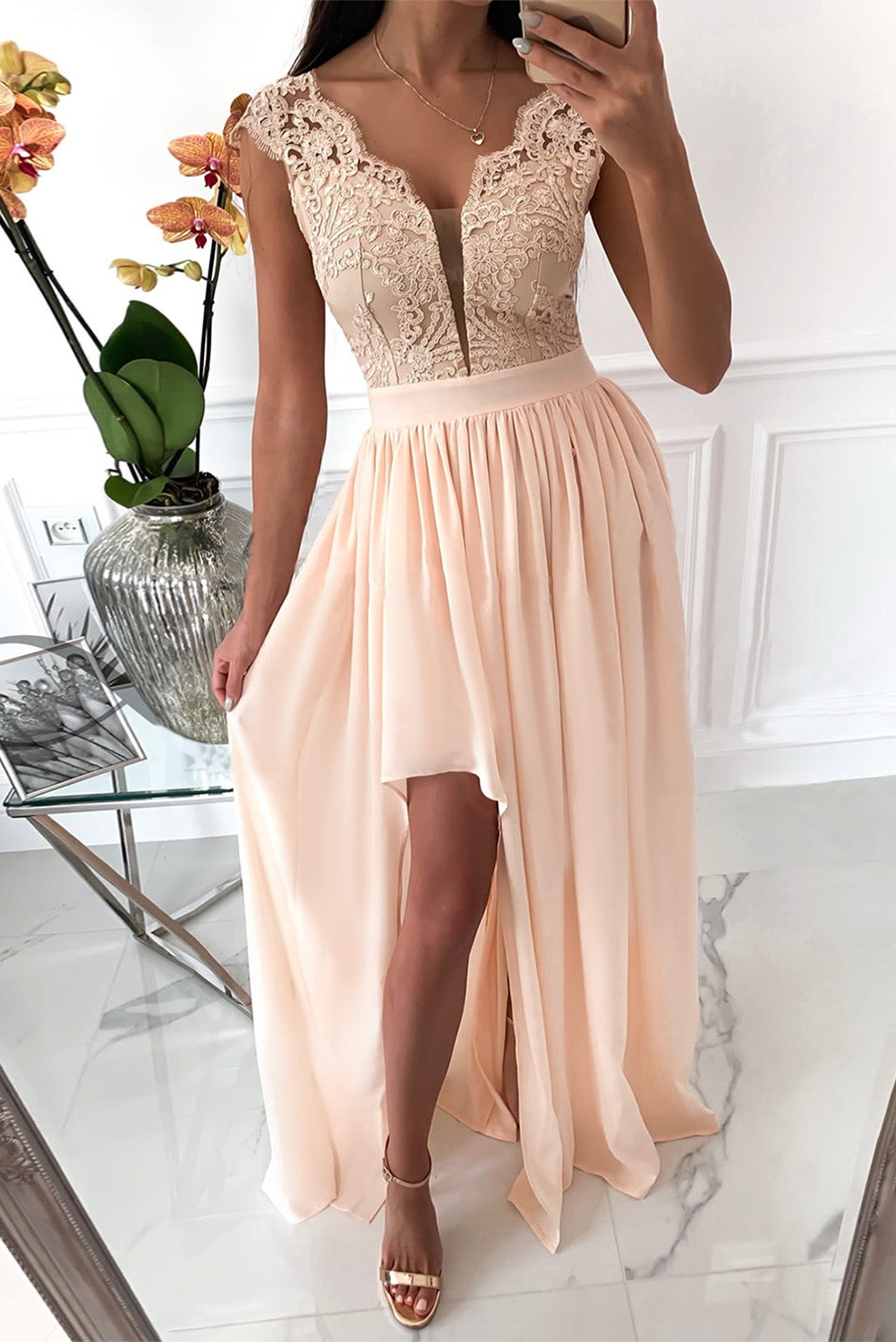 Women's Apricot Lace Crochet High Waist Maxi Dress with Side Split