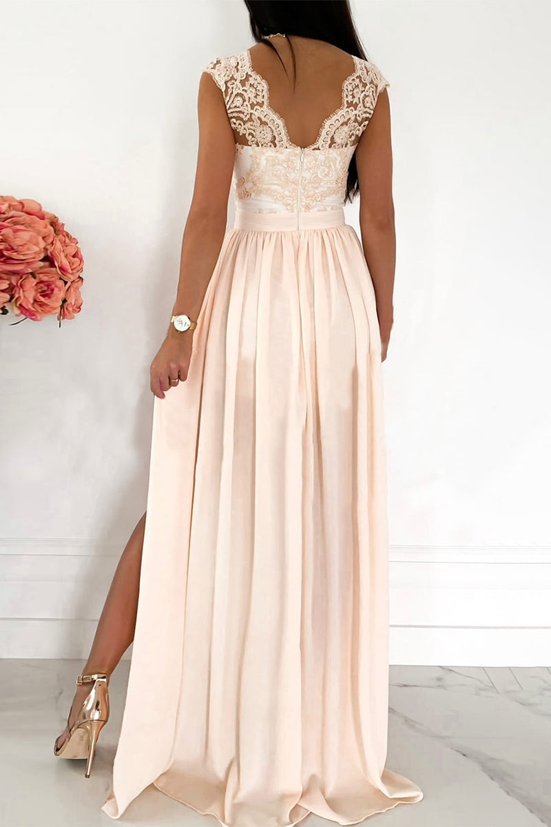 Women's Apricot Lace Crochet High Waist Maxi Dress with Side Split