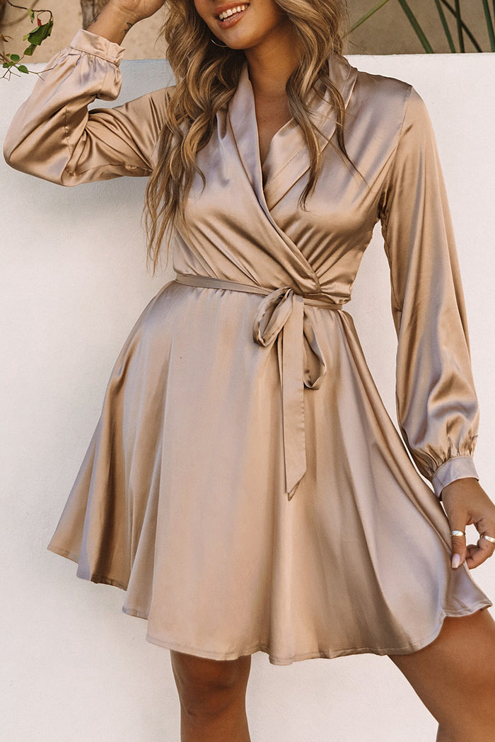 Women's Apricot Satin V Neck Wrap Long Sleeve Dress with Tie