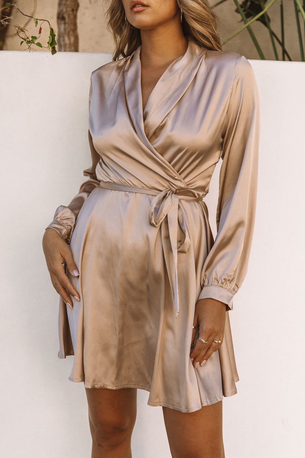 Women's Apricot Satin V Neck Wrap Long Sleeve Dress with Tie